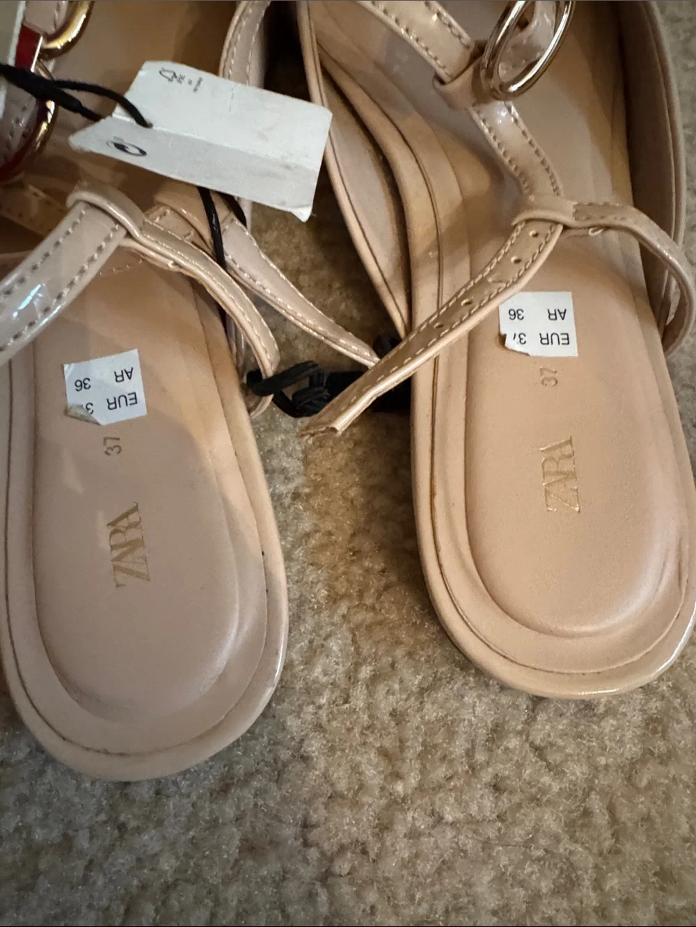 ZARA - Nude Patent Pointed Slingback Flats with Gold Chain Accents - Size 7